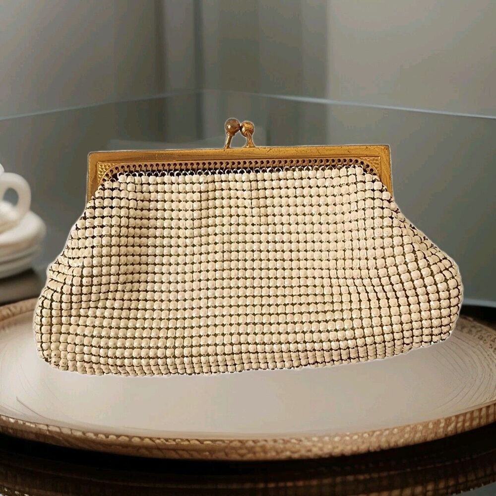 Vintage Original Whiting & Davis Bridal Mesh Coin Cosmetic Purse Bag Ivory